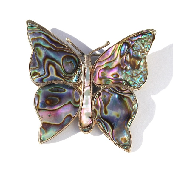 Vintage Abalone Shell Sterling Silver Butterfly Brooch Large Pin Mexican Estate - Picture 1 of 4